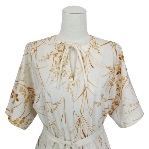Vintage Nani of Hawaii Botanical Print Tie Waist Blouse Cream Brown Sz Small - Picture 2 of 8